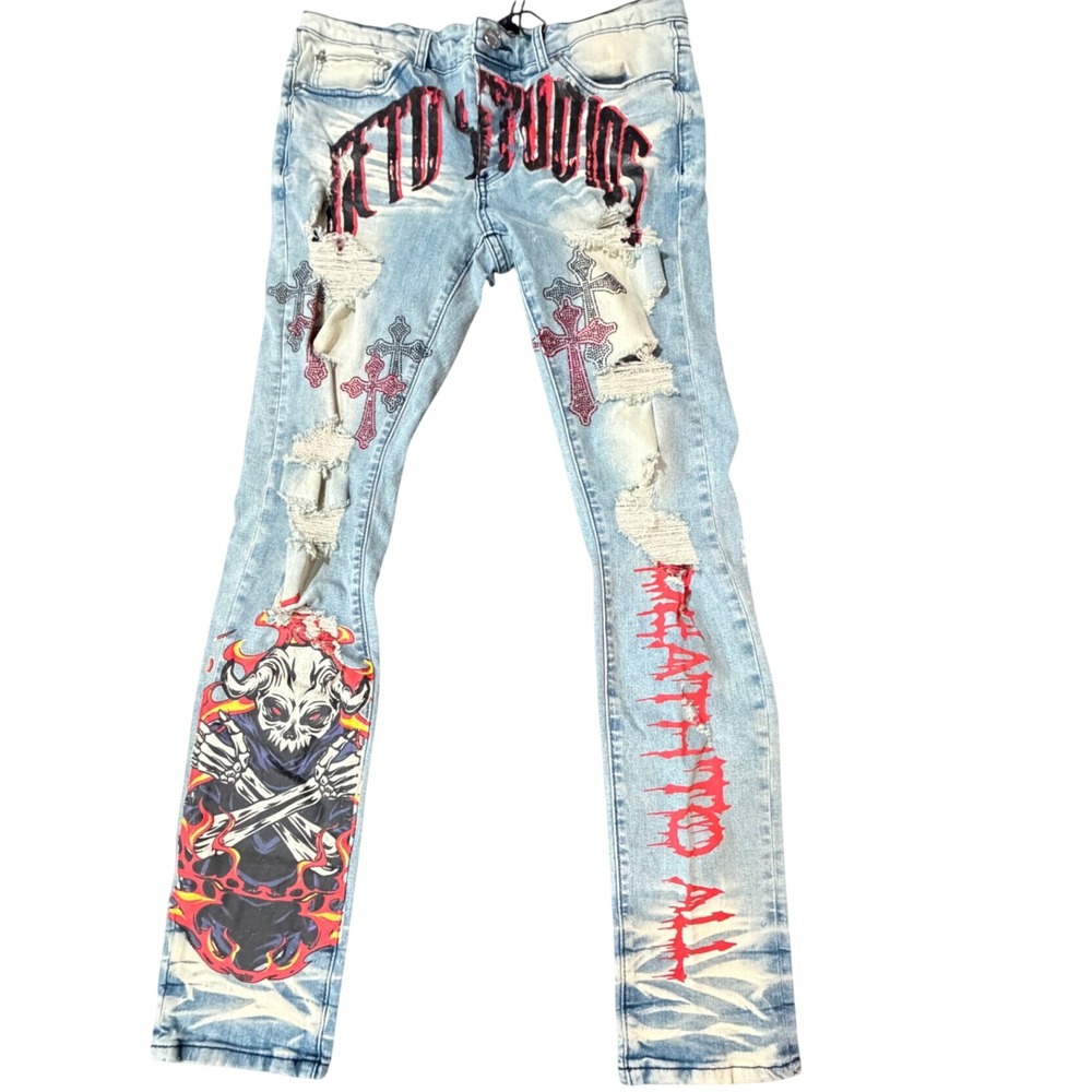 GFTD Mens Distressed Graphic Jeans Light Wash Rhinestone Cross Skull 34